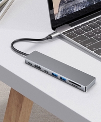 7-portový hliníkový USB-C FIXED HUB Card pro notebooky a tablety, šedý