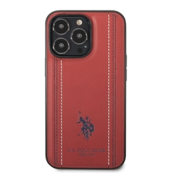 U.S. Polo PU Leather Stitched Lines Zadní Kryt pro iPhone 14 Pro Red