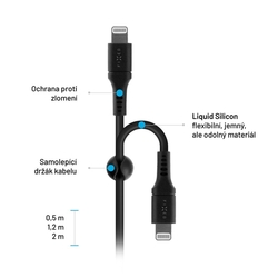Nabíjecí a datový Liquid silicone kabel FIXED s konektory USB-C/Lightning a podporou PD, 1.2m, MFI, černý