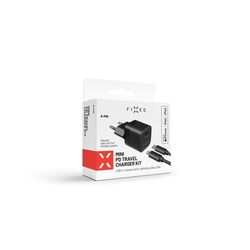 Set síťové nabíječky FIXED Mini s USB-C výstupem a USB-C/Lightning kabelu, podpora PD, 1 metr, MFI, 20W, černý