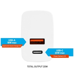 Síťová nabíječka FIXED s USB-C a USB výstupem, podpora PD a QC 3.0, 20W, bílá