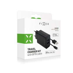 Set síťové nabíječky FIXED s 2xUSB výstupem a USB/Lightning kabelu, 1m, MFI certifikace, 15W Smart Rapid Charge, černá