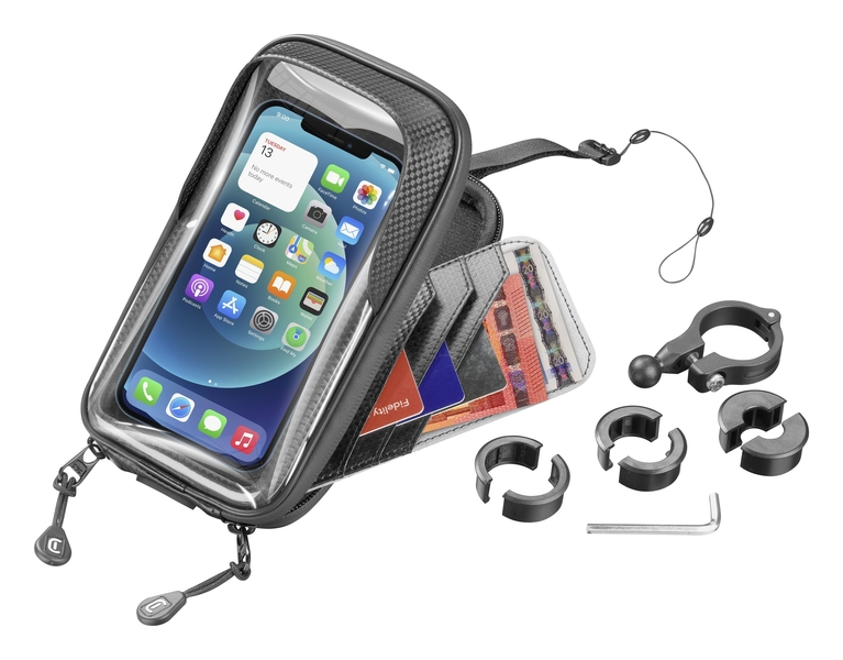 Univerzální držák mobilního telefonu Cellularline Rider Shield na řídítka  pro motorku i kolo, voděodolný, do vel. 6,7