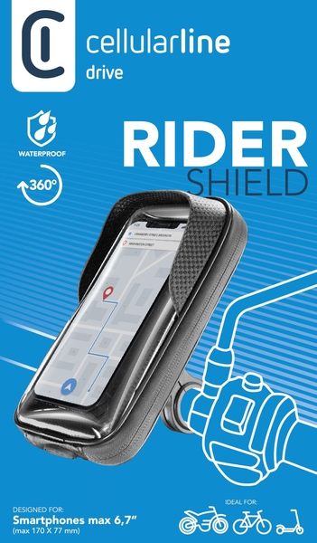 Univerzální držák mobilního telefonu Cellularline Rider Shield na řídítka  pro motorku i kolo, voděodolný, do vel. 6,7