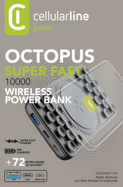 Powerbanka Cellularline Octopus Wireless Powerbank s bezdrátovým nabíjením a přísavkami, 10 000 mAh, černá