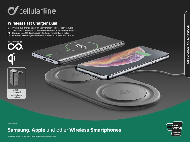Bezdrátová nabíjecí stanice Cellularline Wireless Fast Charger Dual s 2 x 10W, Qi kompatibilní, černá 