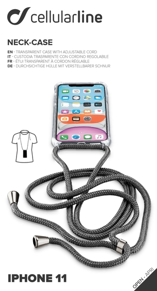 Transparentní zadní kryt Cellularline Neck-Case s černou šňůrkou na krk pro Apple iPhone 11