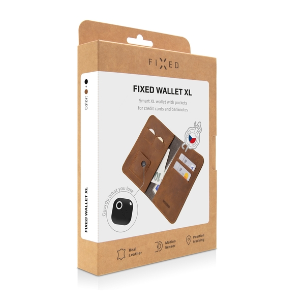 Kožená peněženka FIXED Smile Wallet XL se smart trackerem FIXED Smile Motion, hnědá